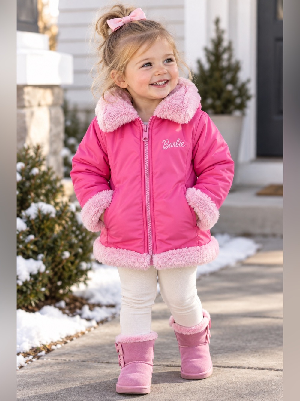 Barbie Girls Pink Faux Fur Lined Puffer Jacket Coat 2T 3T Y2K